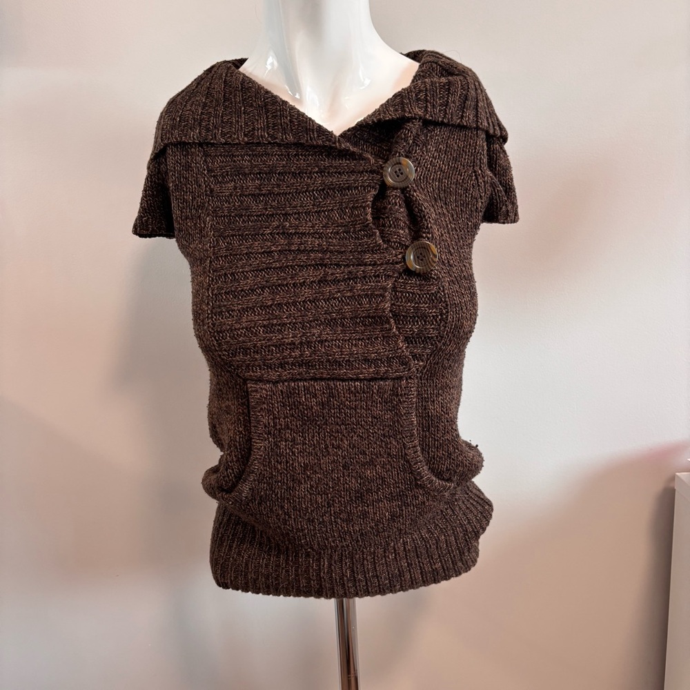 Y2K Pink Republic Chocolate Brown Short Sleeve V-Neck Sweater with Button Detail